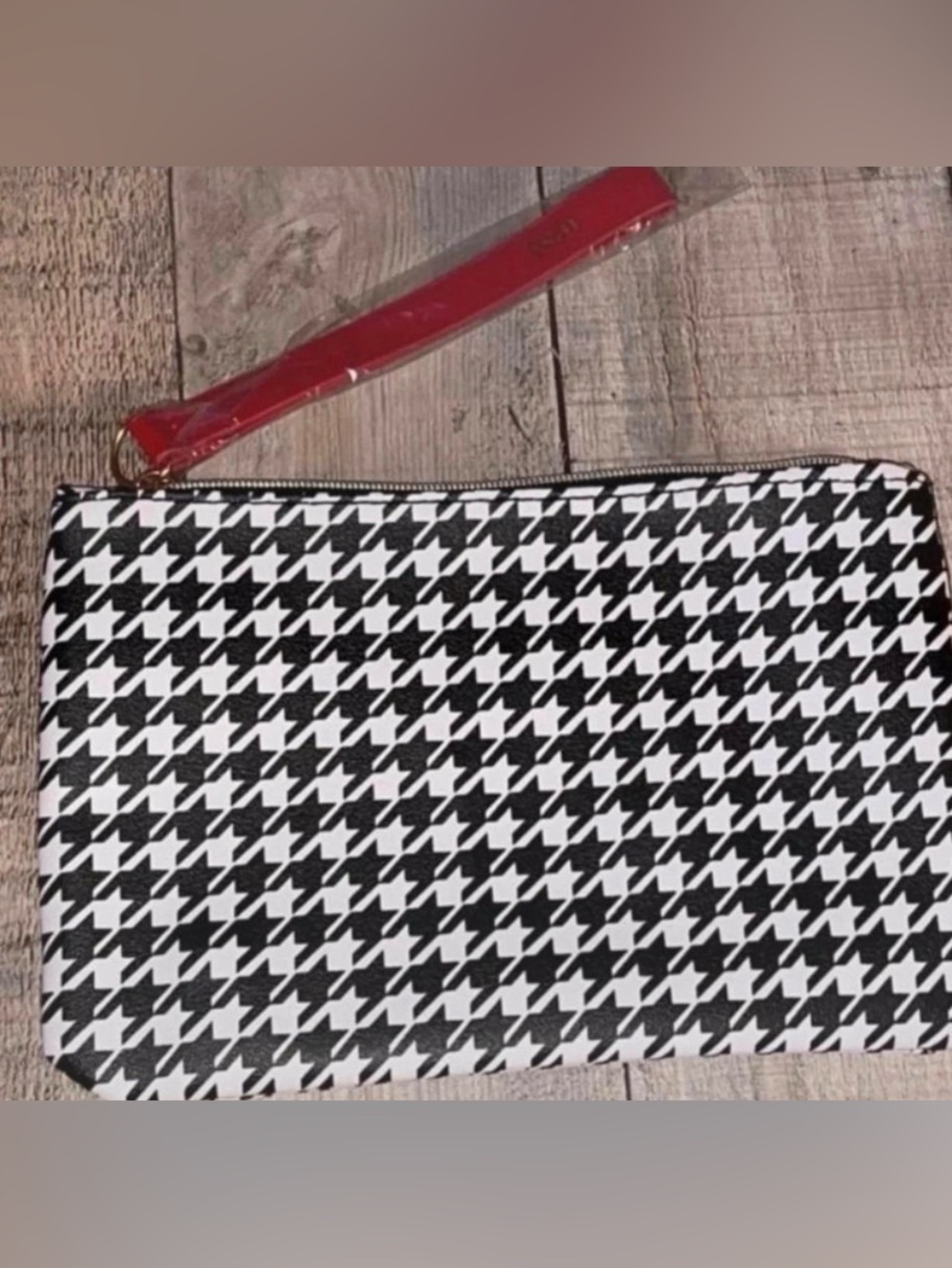 Black & White Houndstooth Print Makeup Bag w/Wristlet Strap